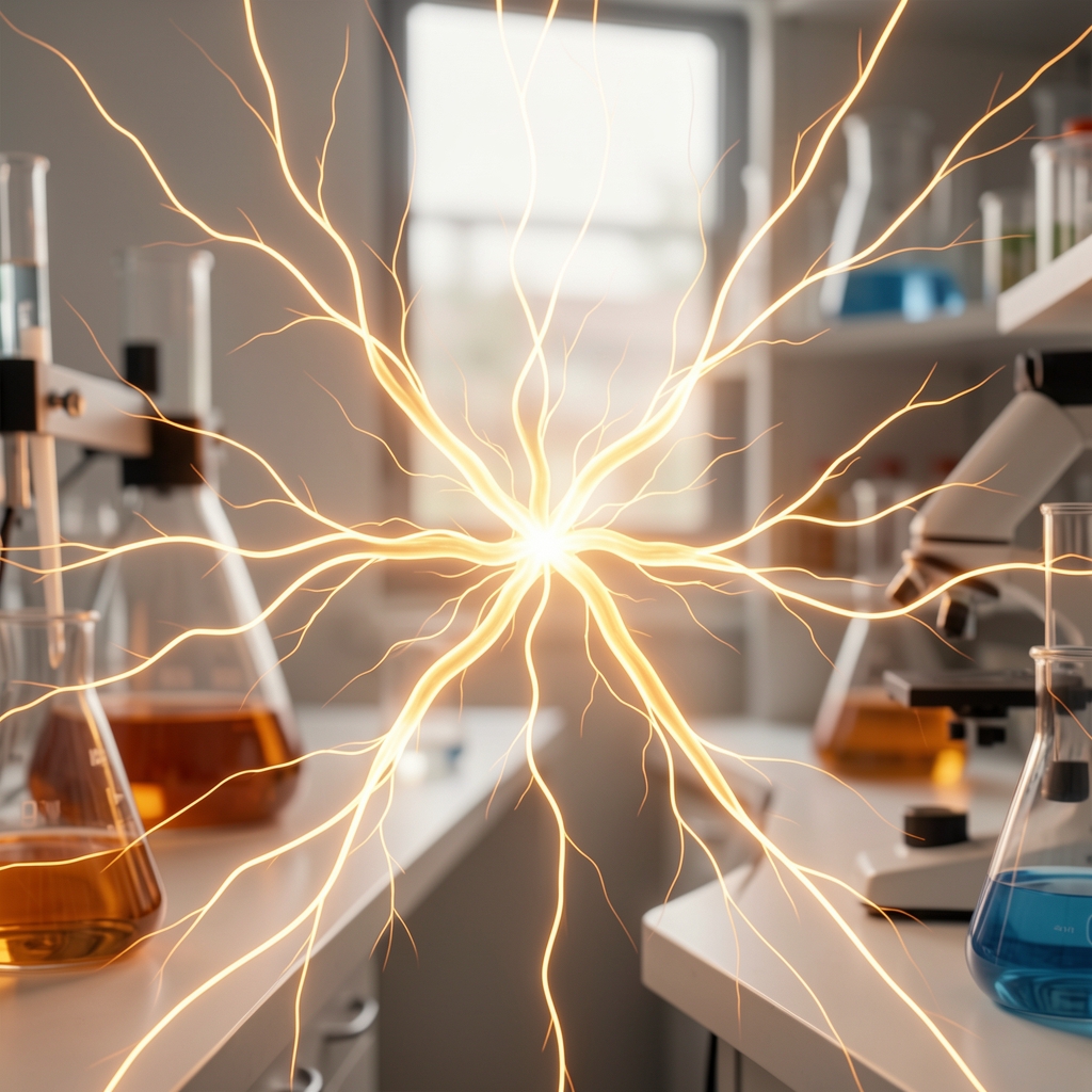 Abstract representation of energy pathways with a blurred laboratory background and warm amber tones suggesting metabolic processes and scientific analysis