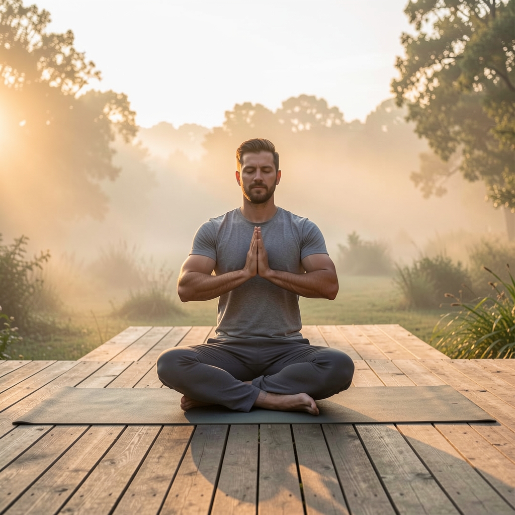 Man practicing calm early morning yoga on a wooden deck surrounded by nature, soft mist in the background, peaceful and balanced atmosphere at sunrise