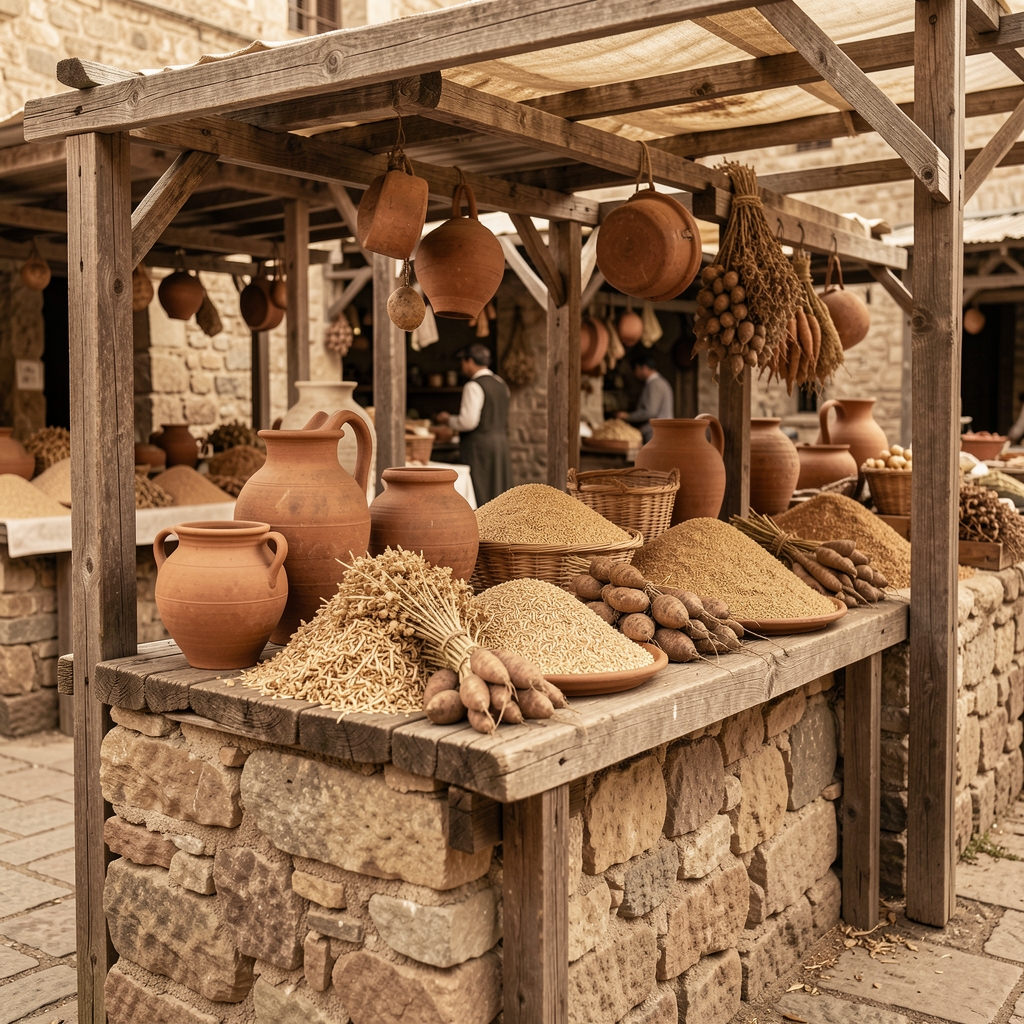 Collection of aged clay pottery, dried herbs, and hand-written scrolls on a wooden shelf, evoking ancient culinary traditions and historical nutritional practices
