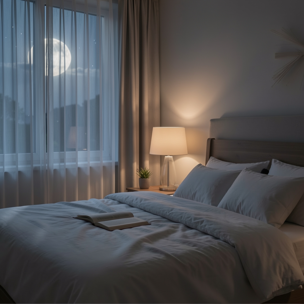 Serene bedroom environment at night with soft moonlight through sheer curtains, a calm bedside scene with a book and dim lamp suggesting restful sleep preparation
