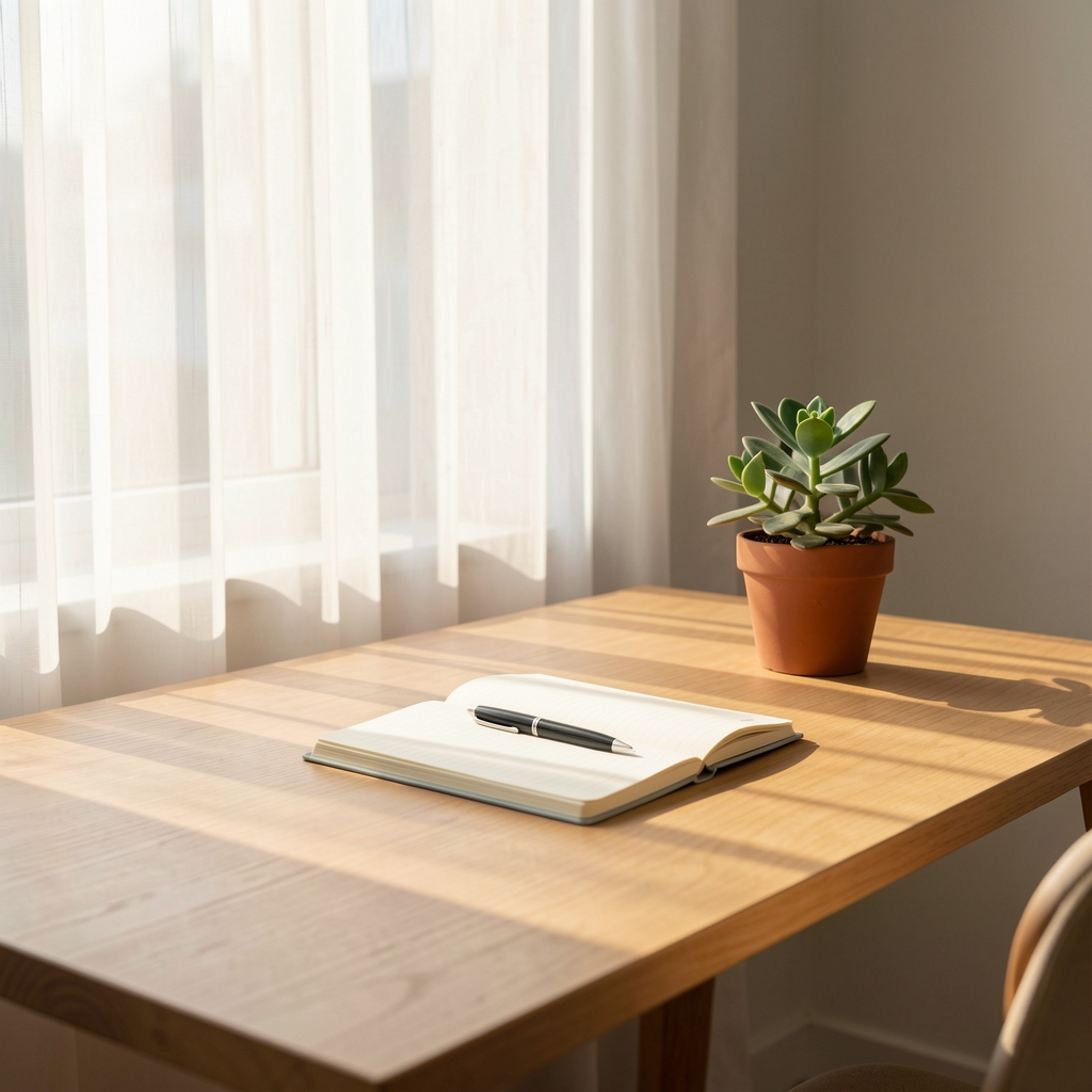 Sunlit open workspace with a notebook, pen, and a small potted plant on a clean wooden desk near a window with soft morning light filtering through sheer curtains