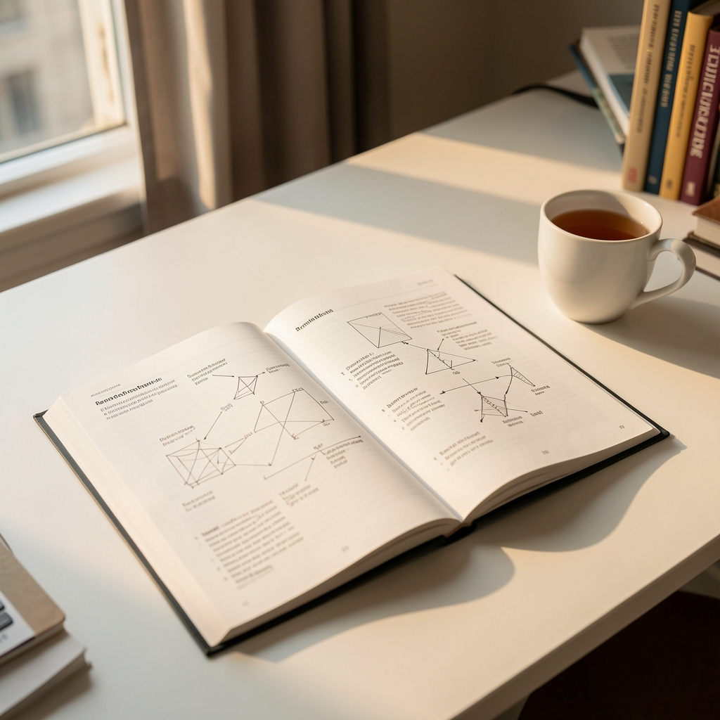 Open research journal with detailed diagrams and notes on a clean white desk beside a cup of tea, warm afternoon light, editorial study environment