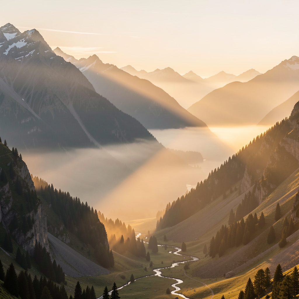 Serene mountain landscape at sunrise with warm directional light casting long shadows across a mist-covered valley, evoking calm and reflective vitality
