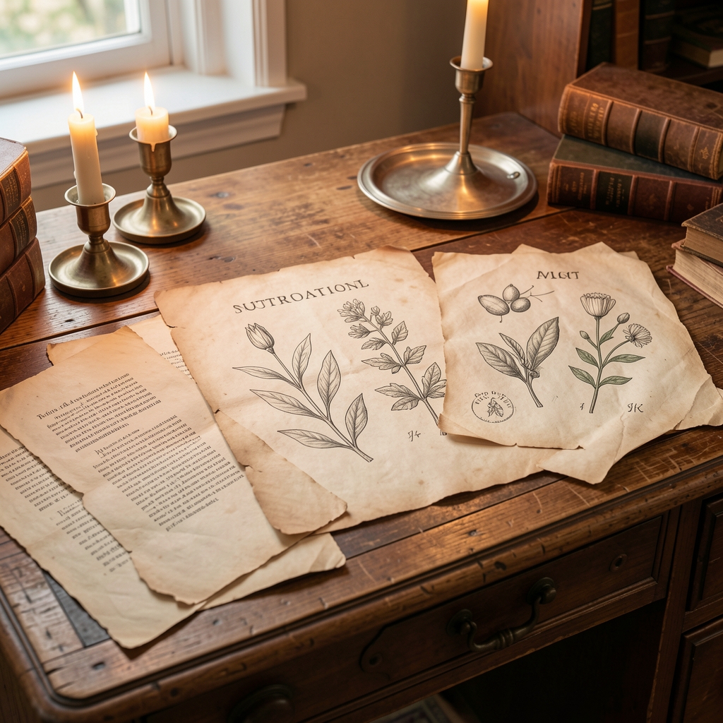 Aged parchment documents and hand-drawn botanical illustrations from historical nutritional studies spread on an antique wooden desk with warm candlelight