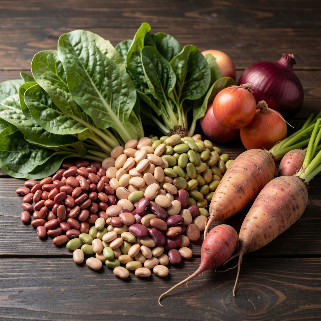 Variety of colorful whole foods including leafy greens, legumes, and root vegetables arranged on a dark wooden surface with natural side lighting